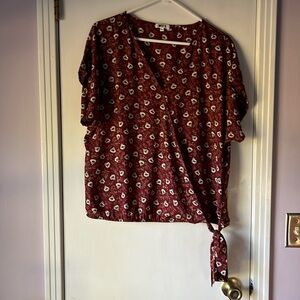 West K Printed Woven S/S Surplice Top in Wine XL, New Without Tag